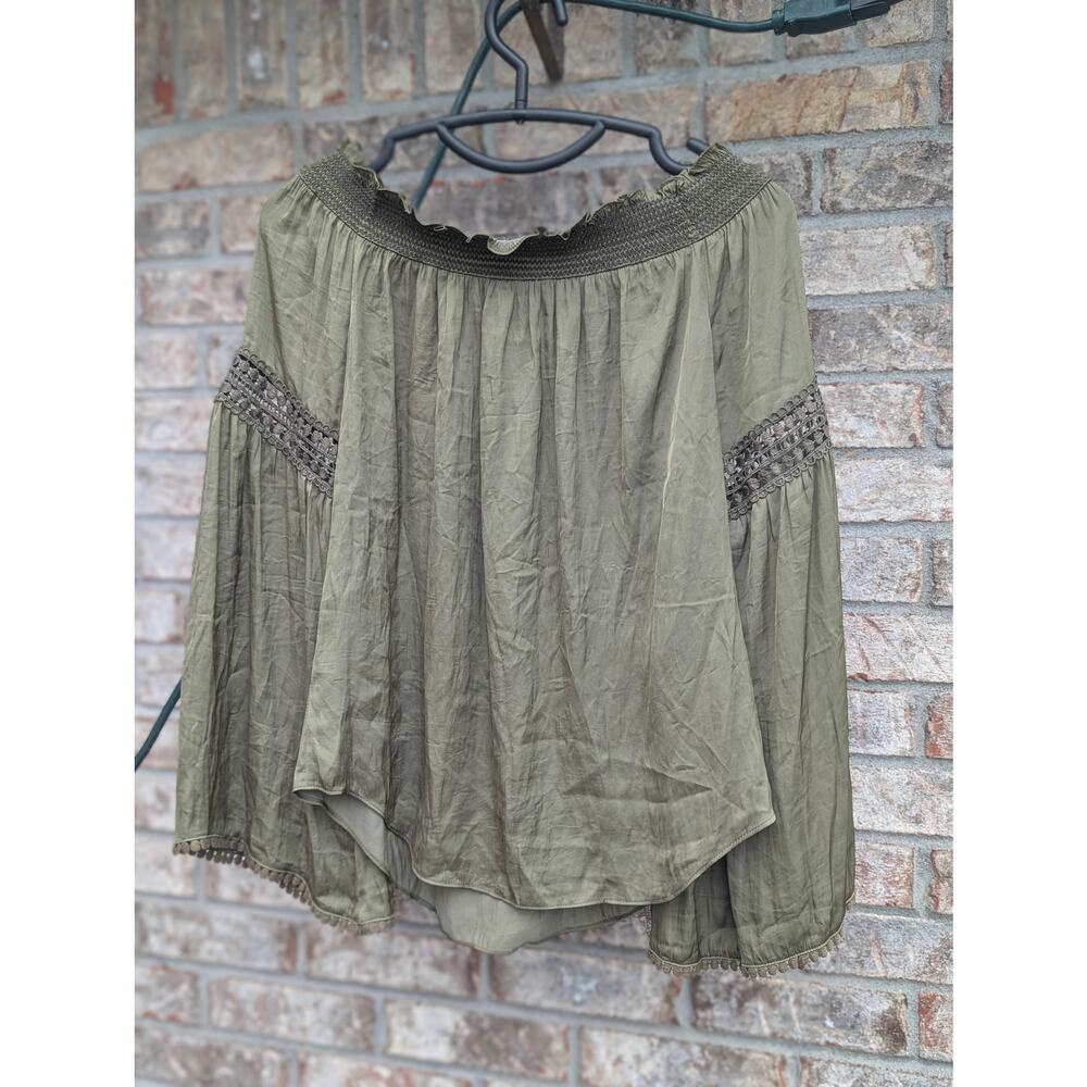 White House Black Market Top Womens XS Olive Peasant Satin 3/4 Sleeve